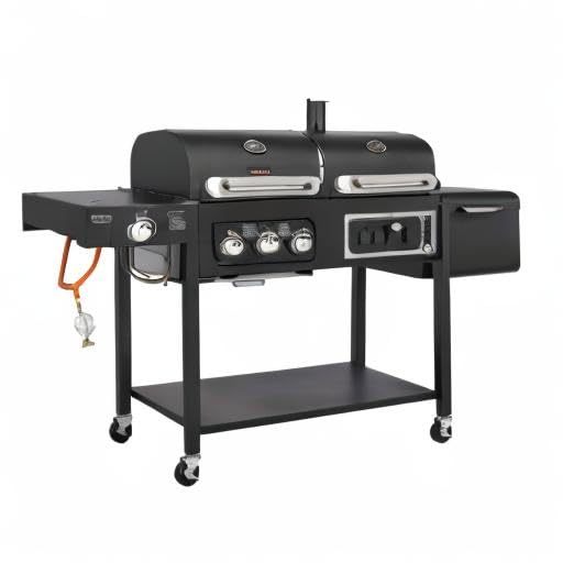 CosmoGrill Hybrid 4 Burner Barbecue DUO Dual Fuel BBQ 3+1 Gas Grill & Charcoal Smoker BBQ Grill, Built-in Thermometer, Warming Rack, Outdoor Portable Large Coal Barbecue for Home Garden Party Cooking