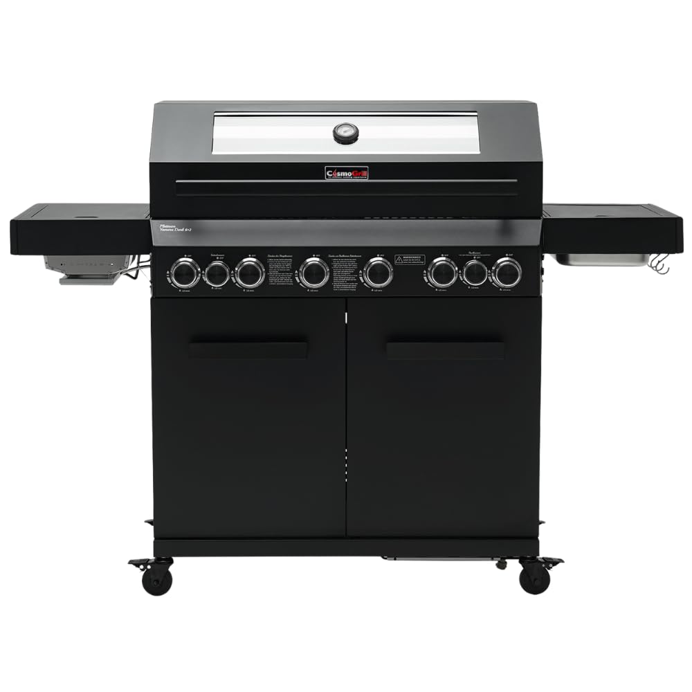 CosmoGrill 8 Burner Platinum Yamara Dark 6+2 Gas BBQ, Viewing Glass, 4 Main Burners, 1 Ceramic Sear Zone, 1 Back Grill, Cast Iron Grills & Bamboo Storage (Black)