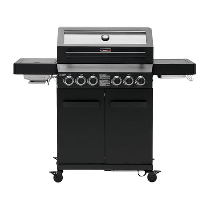 CosmoGrill 6 Burner Platinum Yamara Dark 4+2 Gas BBQ, Viewing Glass, 4 Main Burners, 1 Ceramic Sear Zone, 1 Back Grill, Cast Iron Grills & Bamboo Storage (Black)