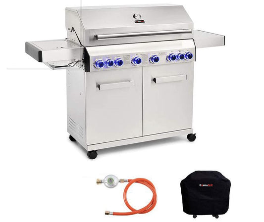 CosmoGrill Platinum Stainless Steel 8 Burner 6+2 Gas BBQ Grill with Waterproof Cover, High-Performance Outdoor Barbecue for Garden Cooking