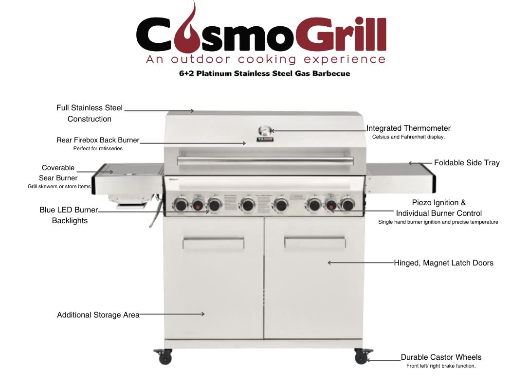 CosmoGrill Platinum Stainless Steel 8 Burner 6+2 Gas Barbecue Grill for Outdoor Use, Premium Garden Gas BBQ with Spacious Cooking Surface