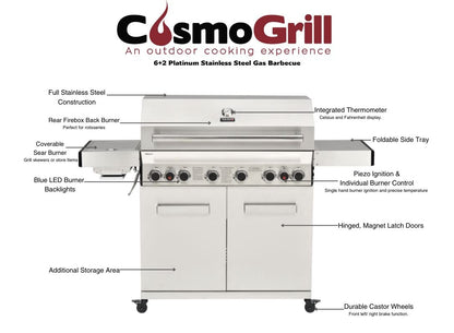 CosmoGrill Platinum Stainless Steel 8 Burner 6+2 Gas Barbecue Grill for Outdoor Use, Premium Garden Gas BBQ with Spacious Cooking Surface