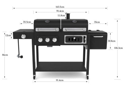 CosmoGrill Hybrid 4 Burner Barbecue DUO Dual Fuel BBQ 3+1 Gas Grill & Charcoal Smoker BBQ Grill, Built-in Thermometer, Warming Rack, Outdoor Portable Large Coal Barbecue for Home Garden Party Cooking