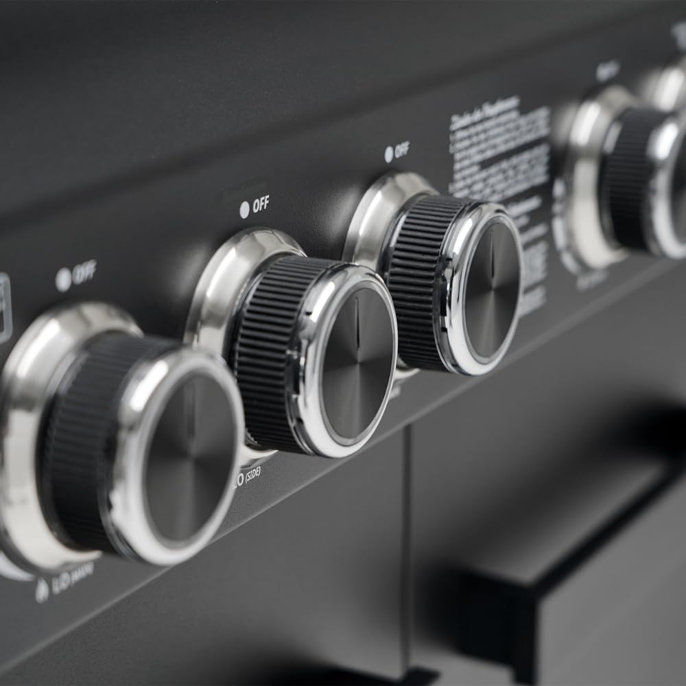 CosmoGrill 6 Burner Platinum Yamara Dark 4+2 Gas BBQ, Viewing Glass, 4 Main Burners, 1 Ceramic Sear Zone, 1 Back Grill, Cast Iron Grills & Bamboo Storage (Black)