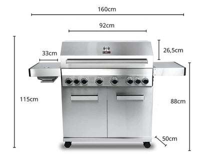 CosmoGrill Platinum Stainless Steel 8 Burner 6+2 Gas BBQ Grill with Waterproof Cover, High-Performance Outdoor Barbecue for Garden Cooking