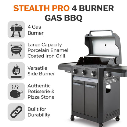Tower T978525 Stealth Pro 4 Burner 3+1 Gas BBQ with Rotisserie Kit, Including Side Burner, Built-in Thermometer and Waterproof Cover, Black
