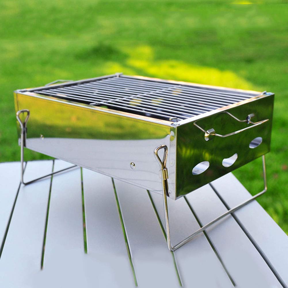 Barbecue Grill Stainless Steel Charcoal Smoker Char Broil Outdoor Barbecue Clip and Oil Brush for Camping Festival Garden Picnic Party (Silver)
