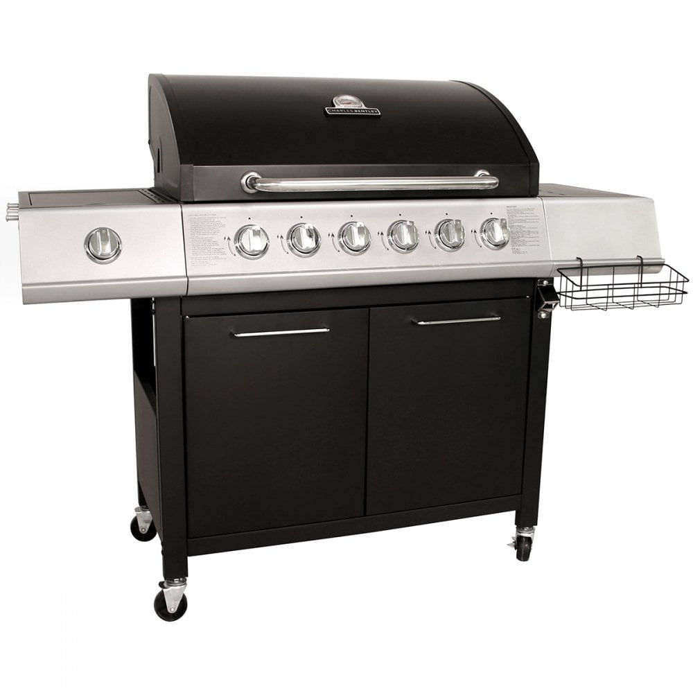 CHARLES BENTLEY 7 Burner Premium Gas BBQ Barbecue with Side Burner, Warming Rack, Double Layered Hood, Side Table, Thermometer, Utensil Hooks, Bottle Opener, And More In Black & Grey (156x109cm)