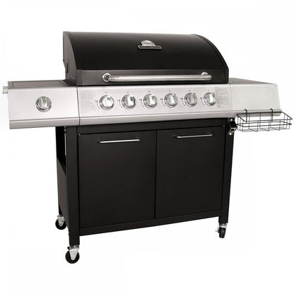 CHARLES BENTLEY 7 Burner Premium Gas BBQ Barbecue with Side Burner, Warming Rack, Double Layered Hood, Side Table, Thermometer, Utensil Hooks, Bottle Opener, And More In Black & Grey (156x109cm)