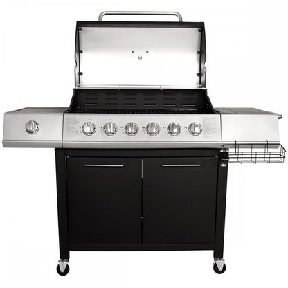 CHARLES BENTLEY 7 Burner Premium Gas BBQ Barbecue with Side Burner, Warming Rack, Double Layered Hood, Side Table, Thermometer, Utensil Hooks, Bottle Opener, And More In Black & Grey (156x109cm)