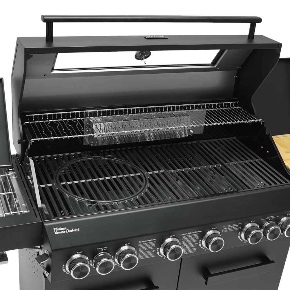 CosmoGrill 8 Burner Platinum Yamara Dark 6+2 Gas BBQ, Viewing Glass, 4 Main Burners, 1 Ceramic Sear Zone, 1 Back Grill, Cast Iron Grills & Bamboo Storage (Black)