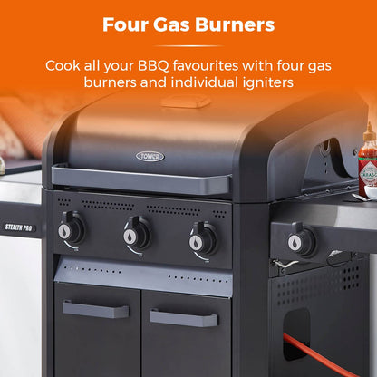 Tower T978525 Stealth Pro 4 Burner 3+1 Gas BBQ with Rotisserie Kit, Including Side Burner, Built-in Thermometer and Waterproof Cover, Black