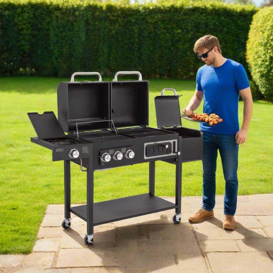 CosmoGrill Hybrid 4 Burner Barbecue DUO Dual Fuel BBQ 3+1 Gas Grill & Charcoal Smoker BBQ Grill, Built-in Thermometer, Warming Rack, Outdoor Portable Large Coal Barbecue for Home Garden Party Cooking
