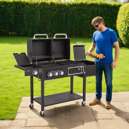 CosmoGrill Hybrid 4 Burner Barbecue DUO Dual Fuel BBQ 3+1 Gas Grill & Charcoal Smoker BBQ Grill, Built-in Thermometer, Warming Rack, Outdoor Portable Large Coal Barbecue for Home Garden Party Cooking