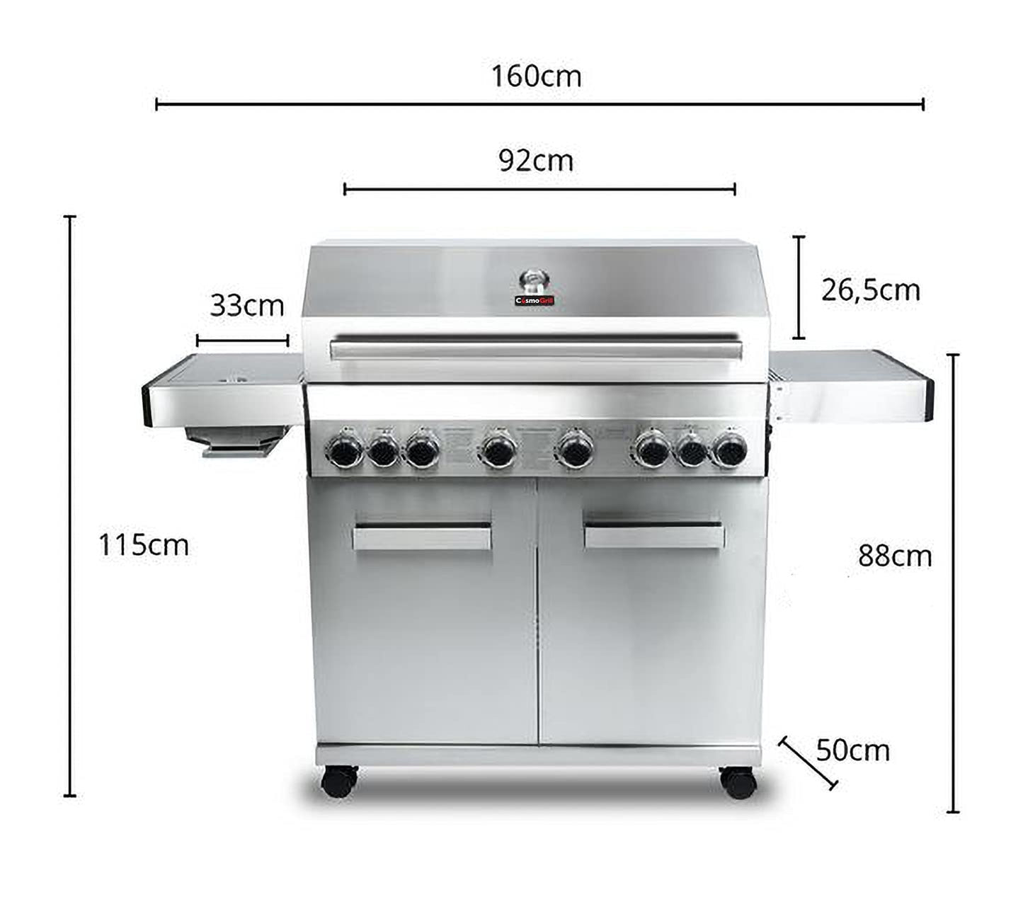 CosmoGrill Platinum Stainless Steel 8 Burner 6+2 Gas Barbecue Grill for Outdoor Cooking, High-Performance Garden Gas BBQ with Large Cooking Area and Built-in Thermometer