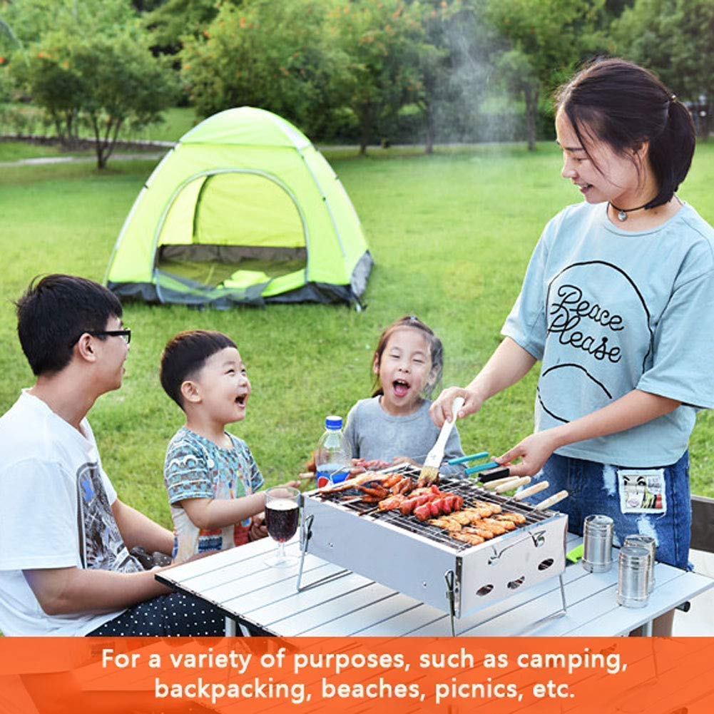 Barbecue Grill Stainless Steel Charcoal Smoker Char Broil Outdoor Barbecue Clip and Oil Brush for Camping Festival Garden Picnic Party (Silver)