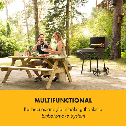 Klarstein Beef Brisket Smoker Grill - Charcoal Grill/Smoker , Stainless Steel Grill , Thermometer in Lid , Two Separate Grill Chambers , Simultaneous Smoking/Grilling , 2 Large Wheels , Black